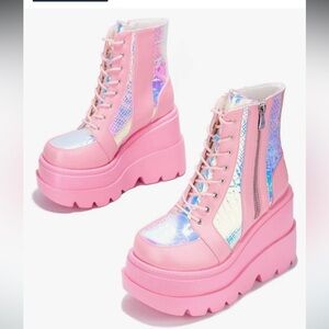 Iridescent Pink Platform Combat Boots